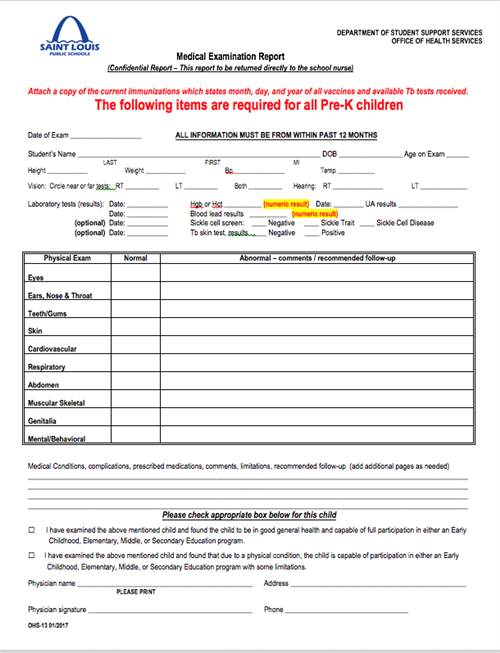 early childhood medical forms