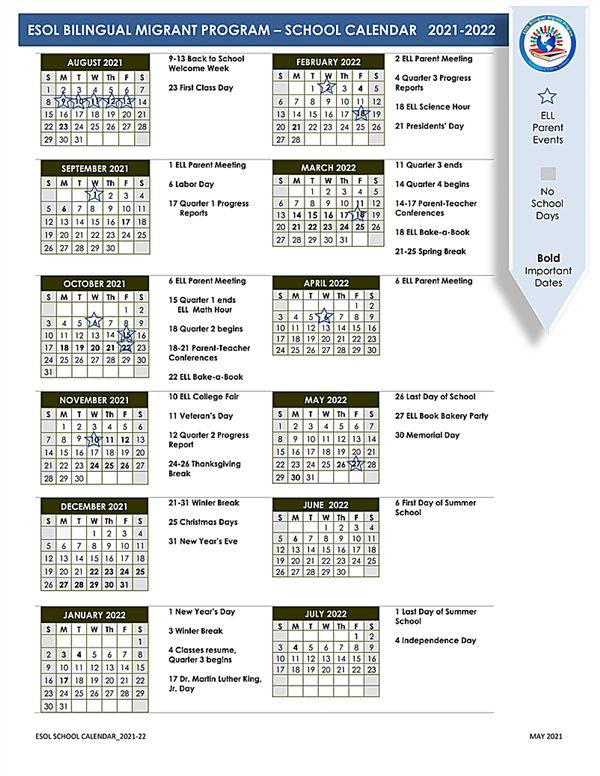 Esol Bilingual Migrant Program / Esol Calendar 2021-2022