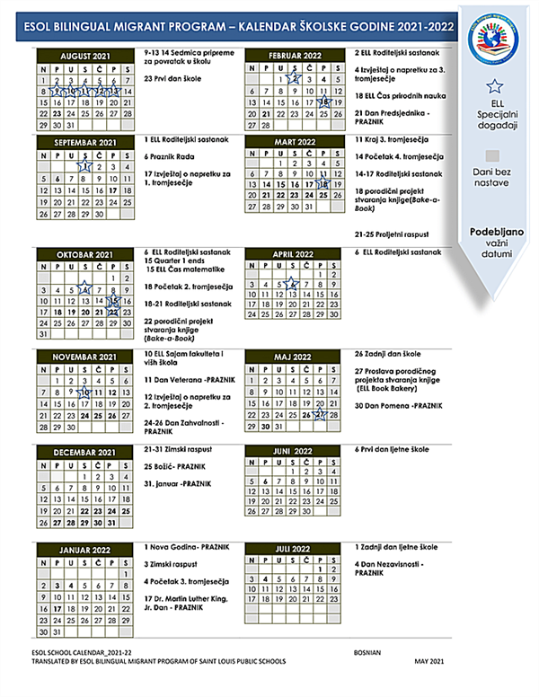 Slps Calendar 2022 Esol Bilingual Migrant Program / Esol Calendar 2021-22 Bosnian