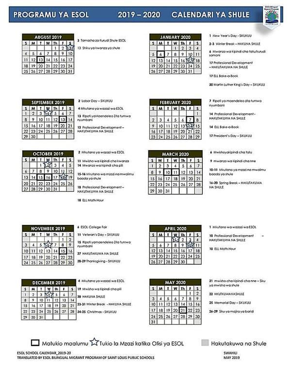 Esol Bilingual Migrant Program Esol Calendar 2019 20 Swahili slps 2021 calendar